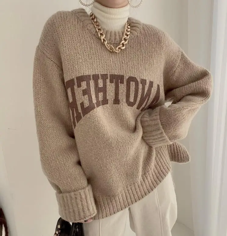 Korean Printed Letter Knitted Sweater Women Loose Candy Color