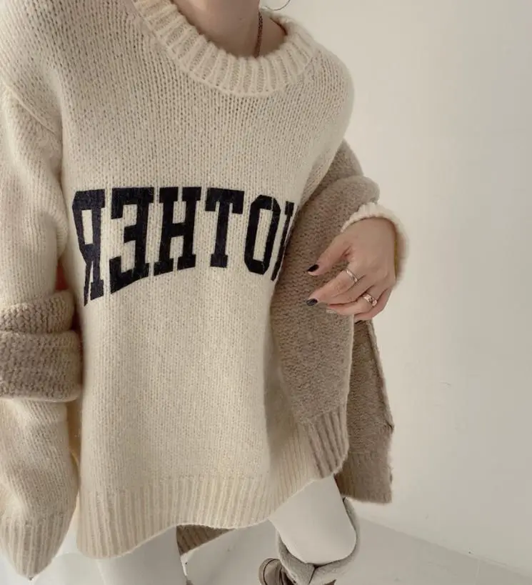 Korean Printed Letter Knitted Sweater Women Loose Candy Color