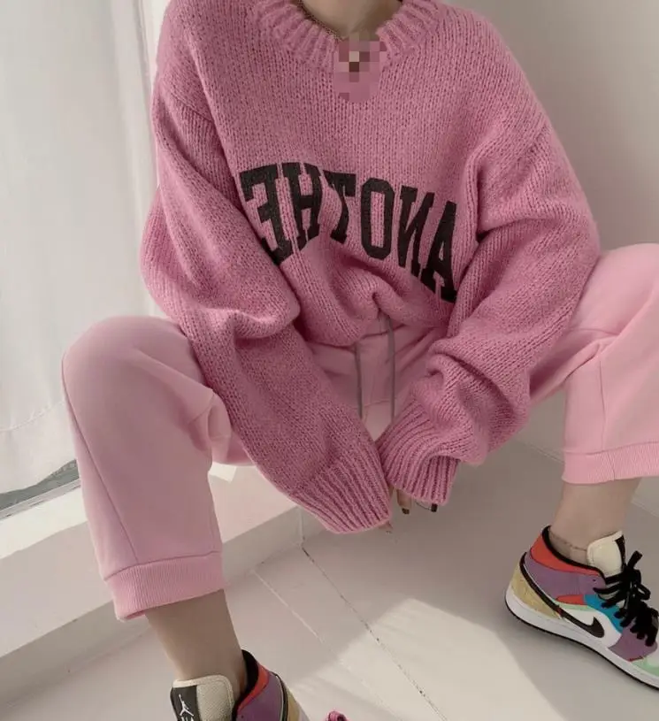 Korean Printed Letter Knitted Sweater Women Loose Candy Color