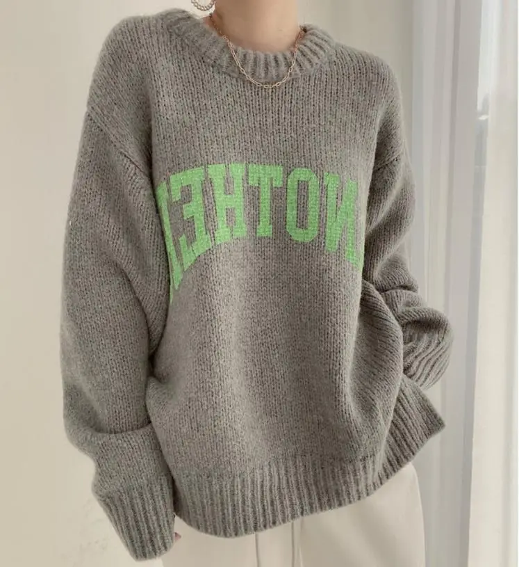 Korean Printed Letter Knitted Sweater Women Loose Candy Color