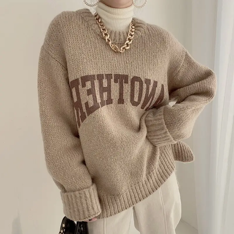 Korean Printed Letter Knitted Sweater Women Loose Candy Color