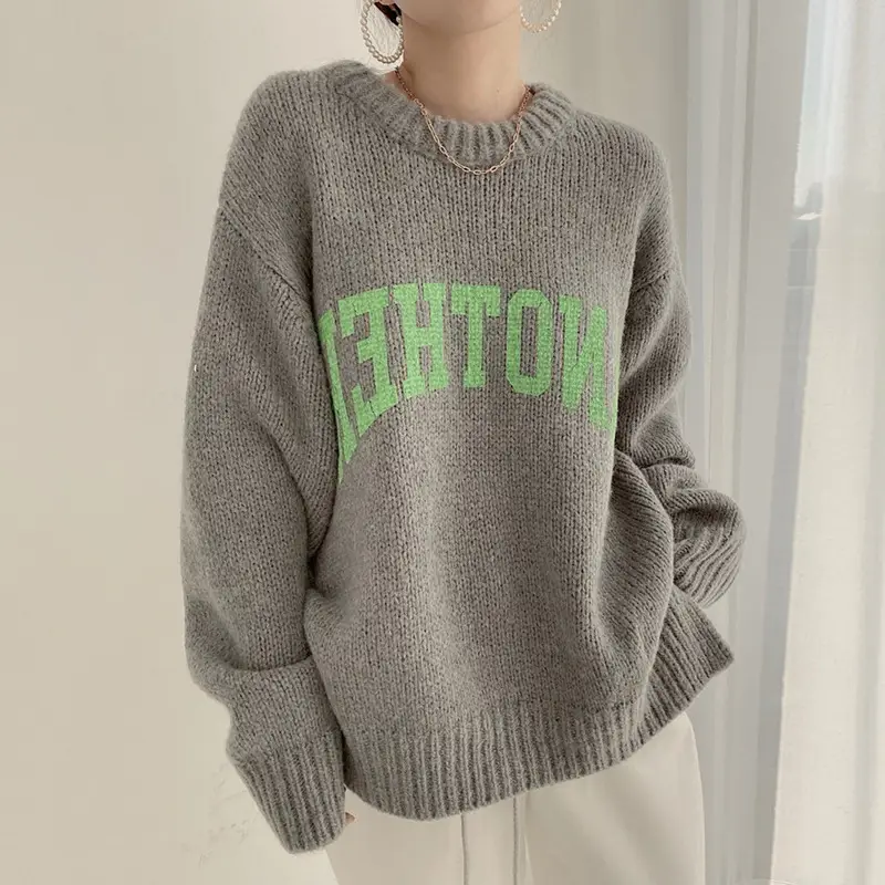 Korean Printed Letter Knitted Sweater Women Loose Candy Color