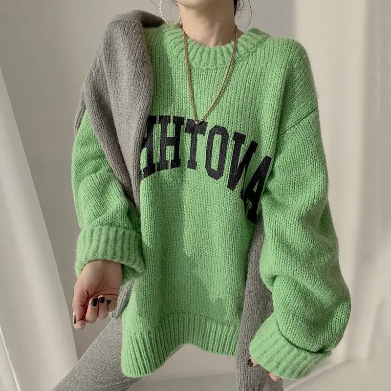 Korean Printed Letter Knitted Sweater Women Loose Candy Color