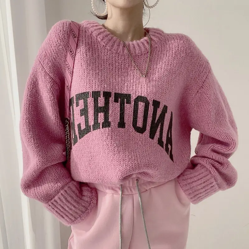 Korean Printed Letter Knitted Sweater Women Loose Candy Color