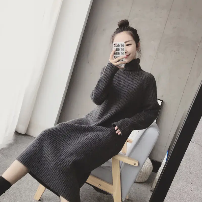 Women Korean Style Loose Black Sweater Turtleneck Dress - Image 6