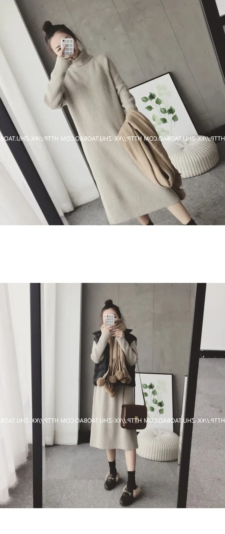 Women Korean Style Loose Black Sweater Turtleneck Dress — feature 1