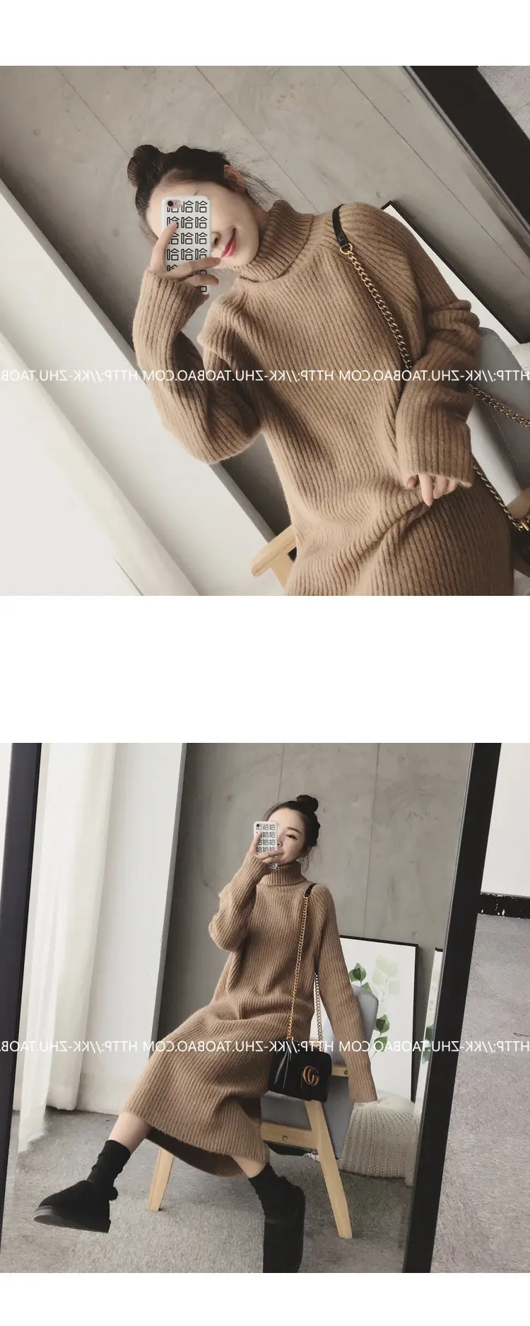 Women Korean Style Loose Black Sweater Turtleneck Dress — feature 10