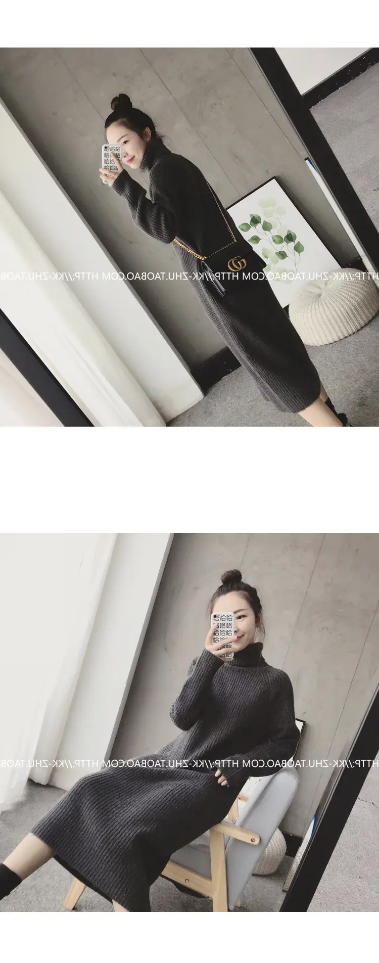 Women Korean Style Loose Black Sweater Turtleneck Dress — feature 13