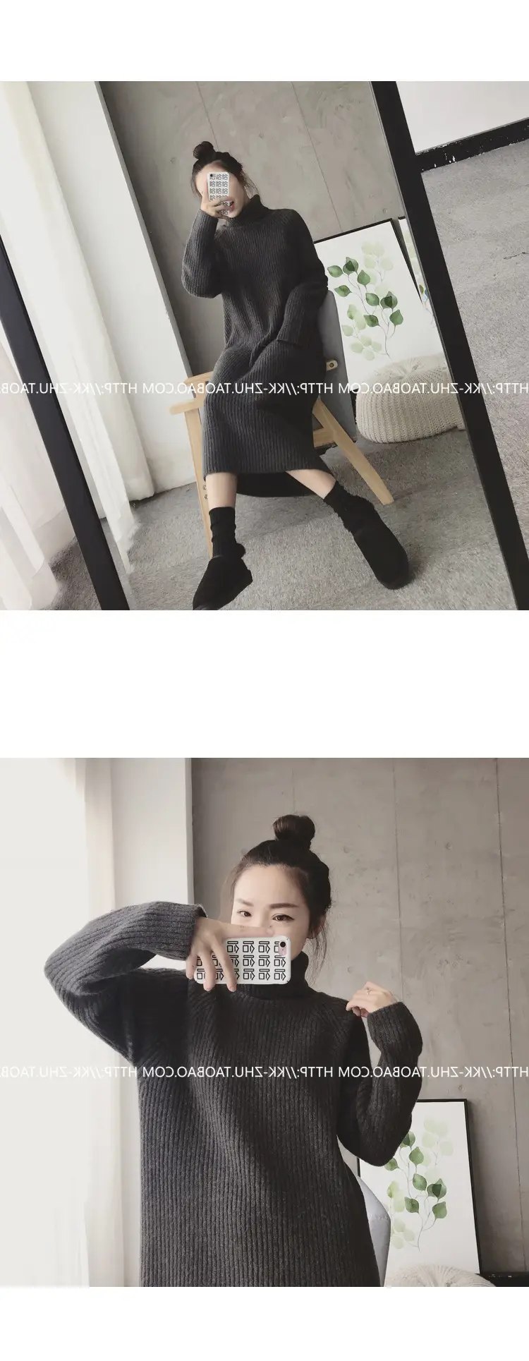 Women Korean Style Loose Black Sweater Turtleneck Dress — feature 16