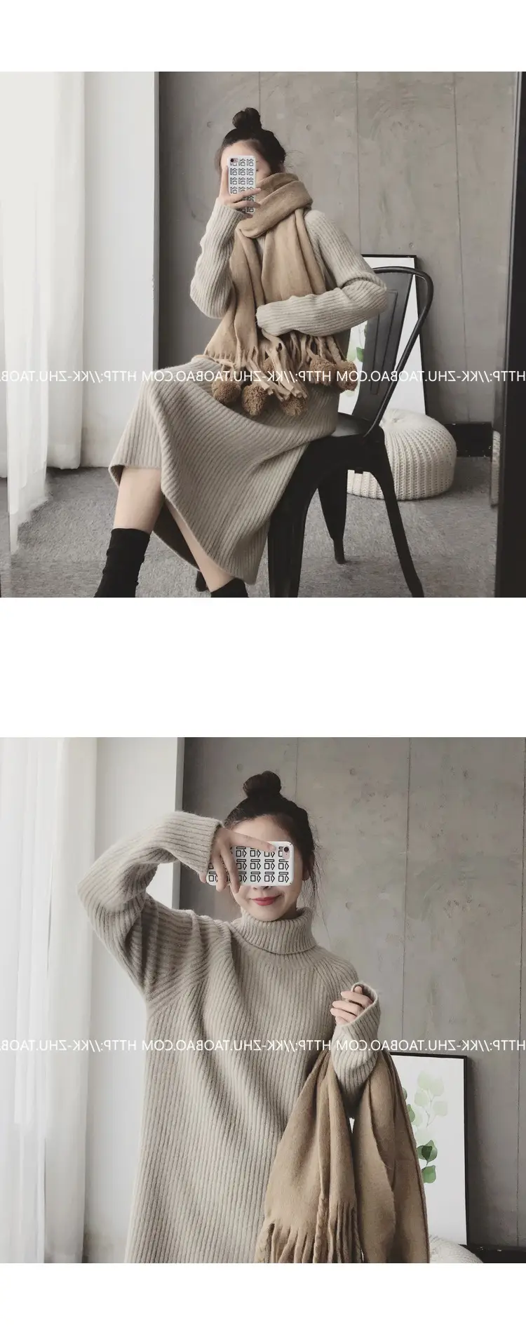 Women Korean Style Loose Black Sweater Turtleneck Dress — feature 2