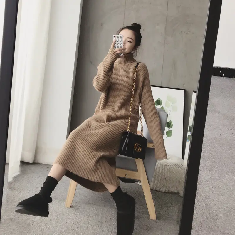 Women Korean Style Loose Black Sweater Turtleneck Dress - Image 2