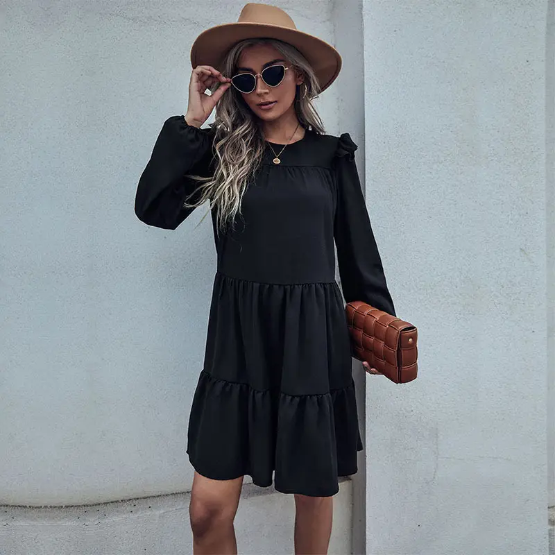 Black Ruffled Loose Pleated Commuter Dress for Women - Image 3