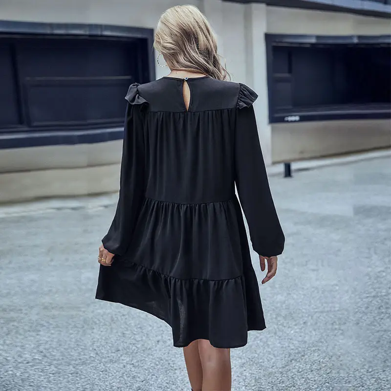 Black Ruffled Loose Pleated Commuter Dress for Women - Image 4