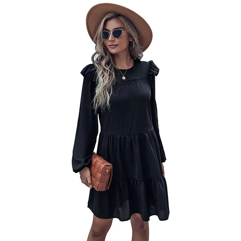 Black Ruffled Loose Pleated Commuter Dress for Women - Image 5