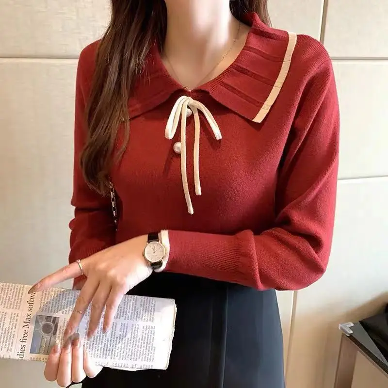 Women's Brown Knitted Collar Pullover Shirt with White Tie - Image 5