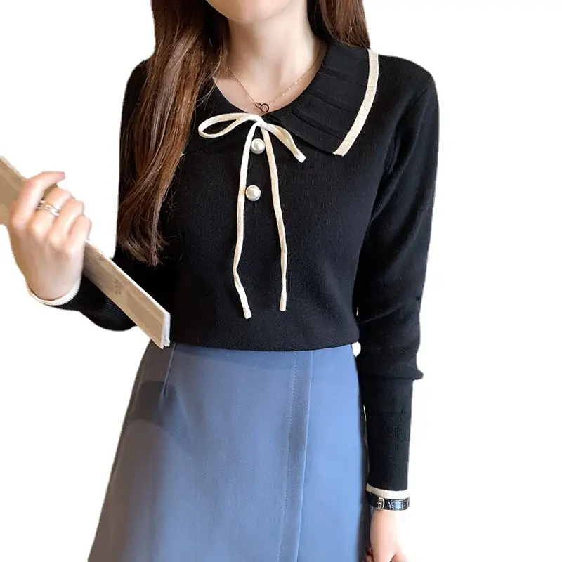 Women's Brown Knitted Collar Pullover Shirt with White Tie - Image 7