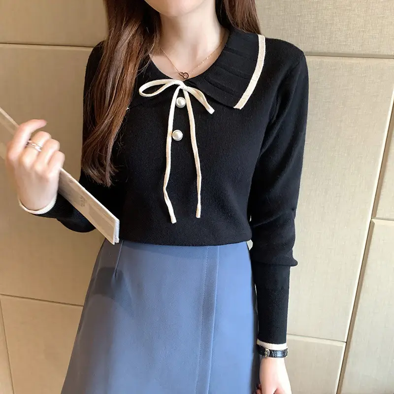 Women's Brown Knitted Collar Pullover Shirt with White Tie — feature 10
