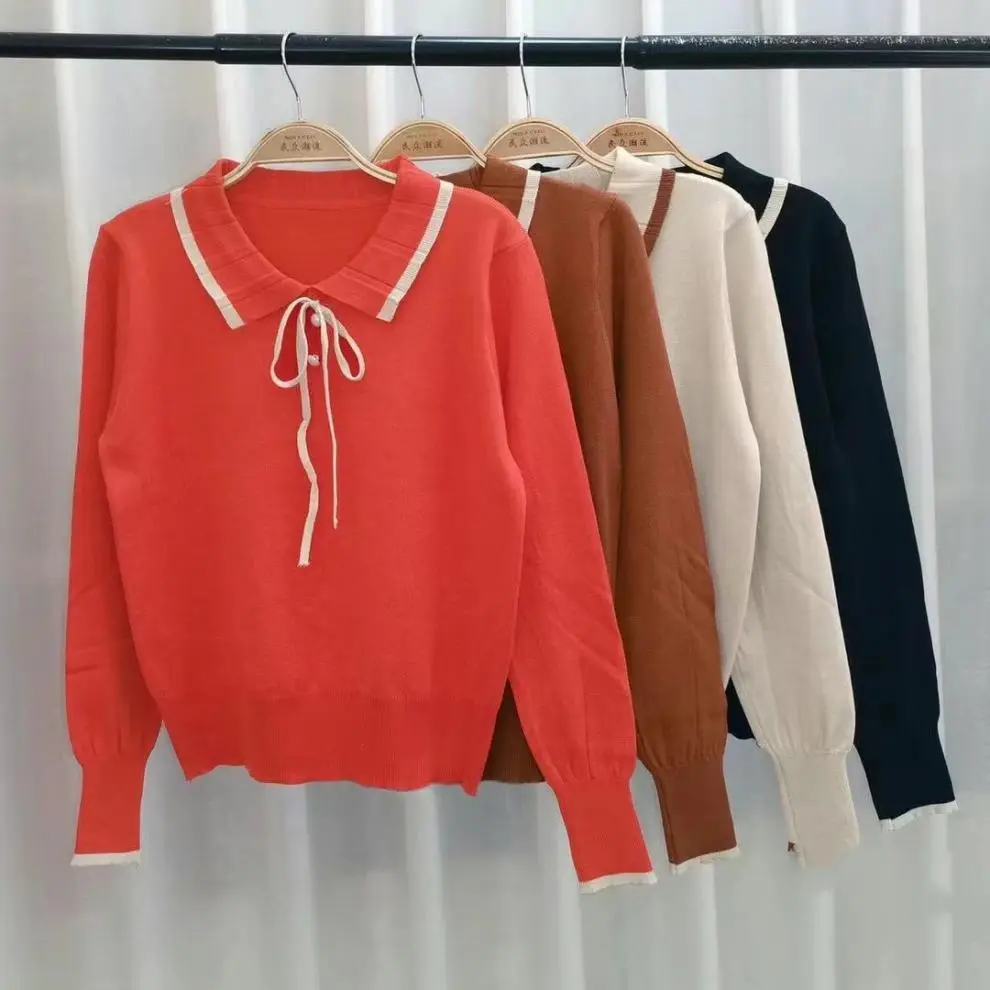 Women's Brown Knitted Collar Pullover Shirt with White Tie — feature 12