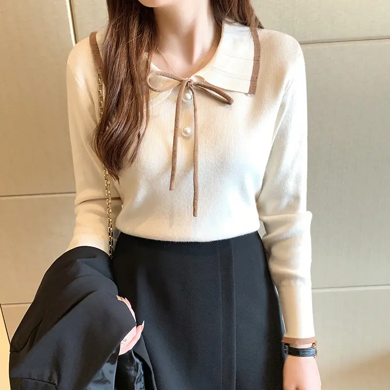 Women's Brown Knitted Collar Pullover Shirt with White Tie — feature 6