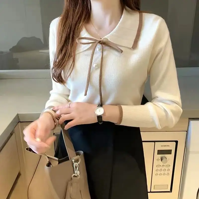 Women's Brown Knitted Collar Pullover Shirt with White Tie — feature 7