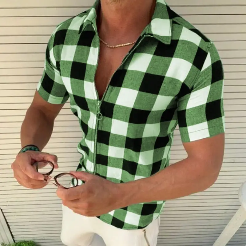 Men's Blue Black Check Plaid Shirt Slim Fit Zip Up Summer - Image 6