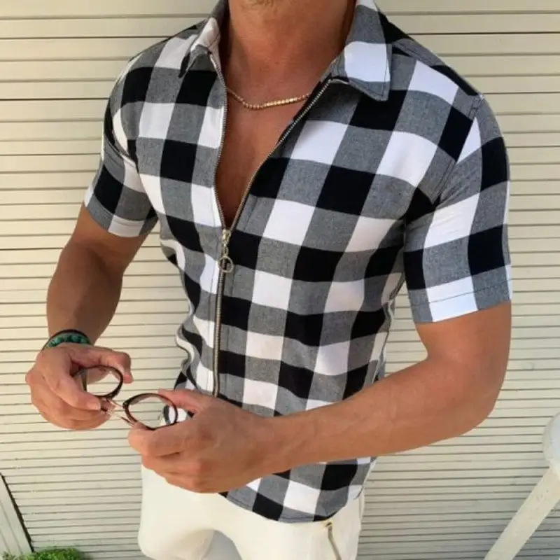 Men's Blue Black Check Plaid Shirt Slim Fit Zip Up Summer - Image 7