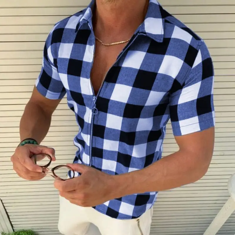 Men's Blue Black Check Plaid Shirt Slim Fit Zip Up Summer - Image 8