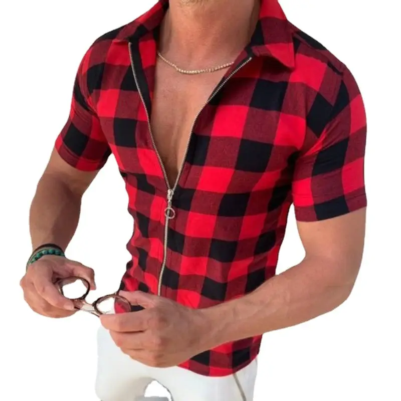 Men's Blue Black Check Plaid Shirt Slim Fit Zip Up Summer - Image 9