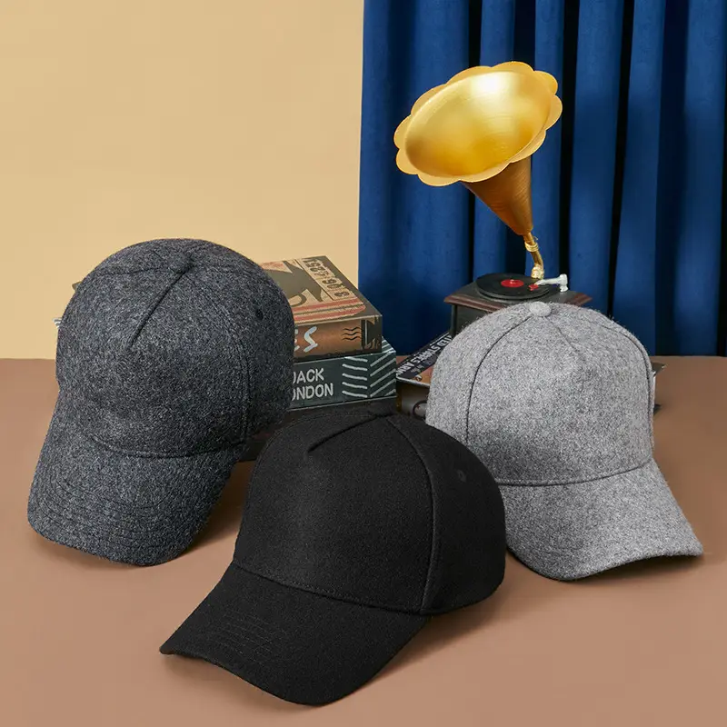 Men Wool Fleece Baseball Cap Grey Black Grey