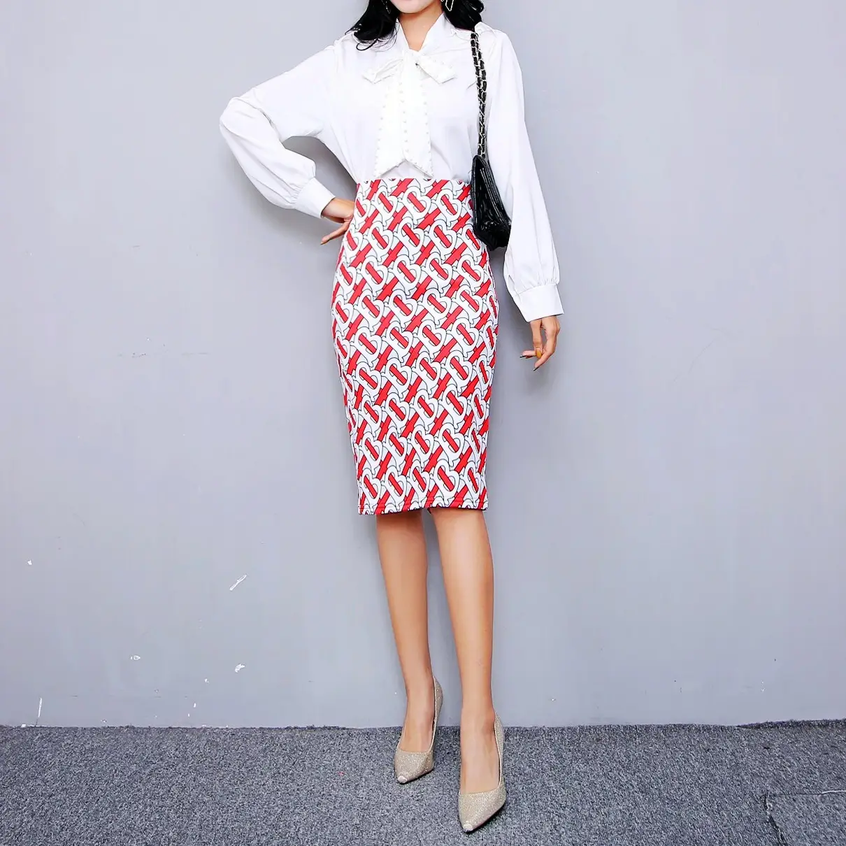 Women's Digital Printed Pencil Skirt with Bird Design — feature 13