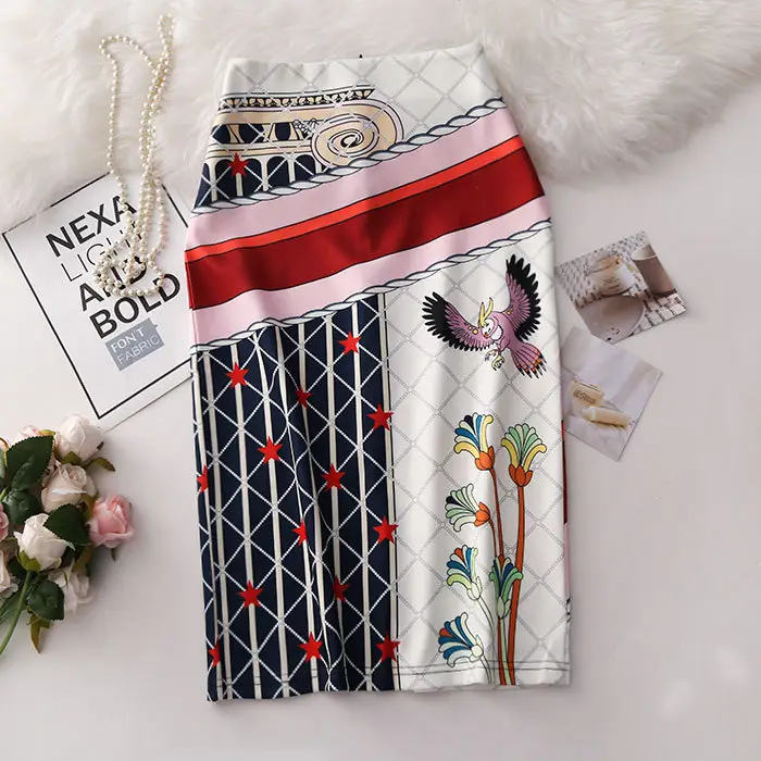 Women's Digital Printed Pencil Skirt with Bird Design - Image 6