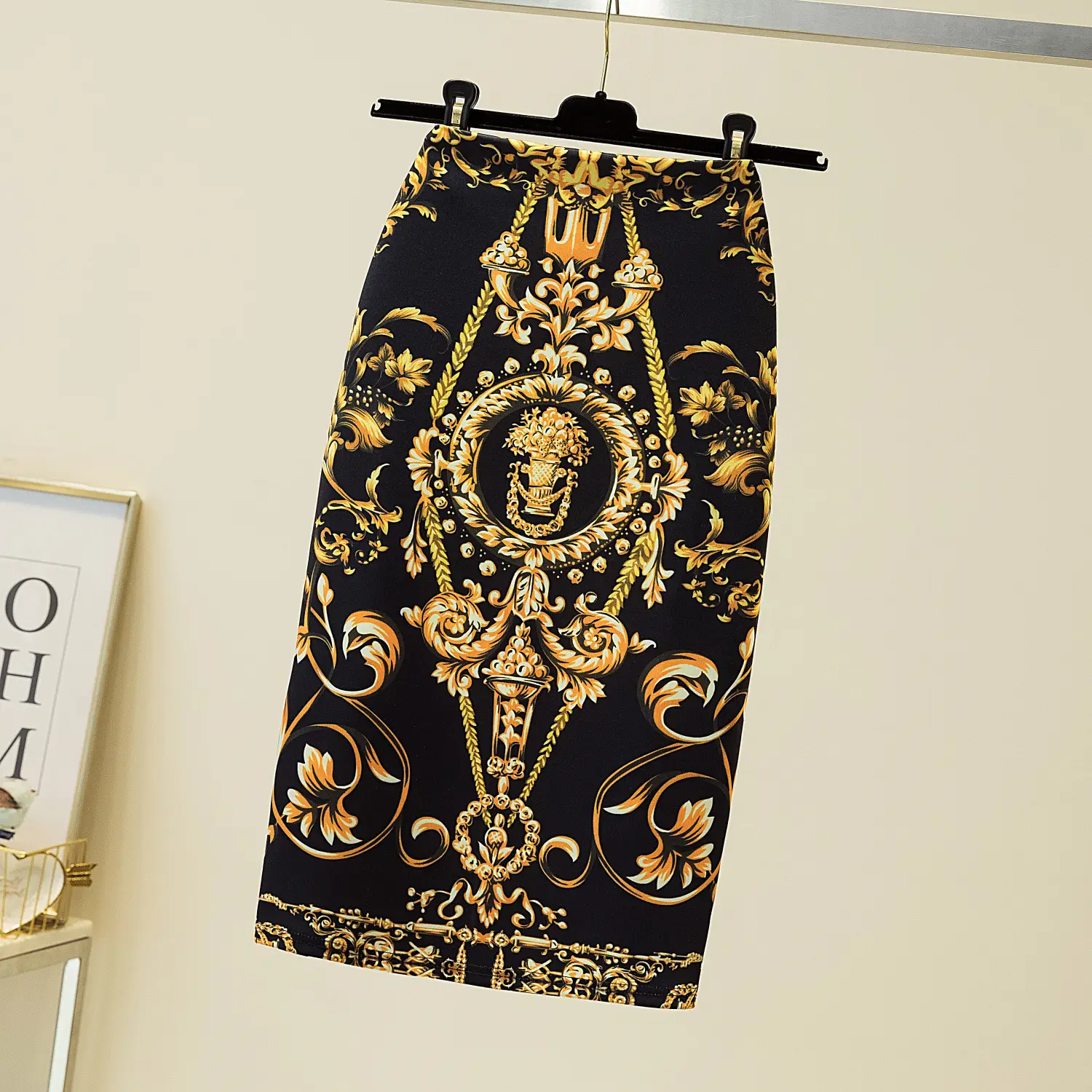 Black Gold Printed Pencil Skirt for Women - Image 24