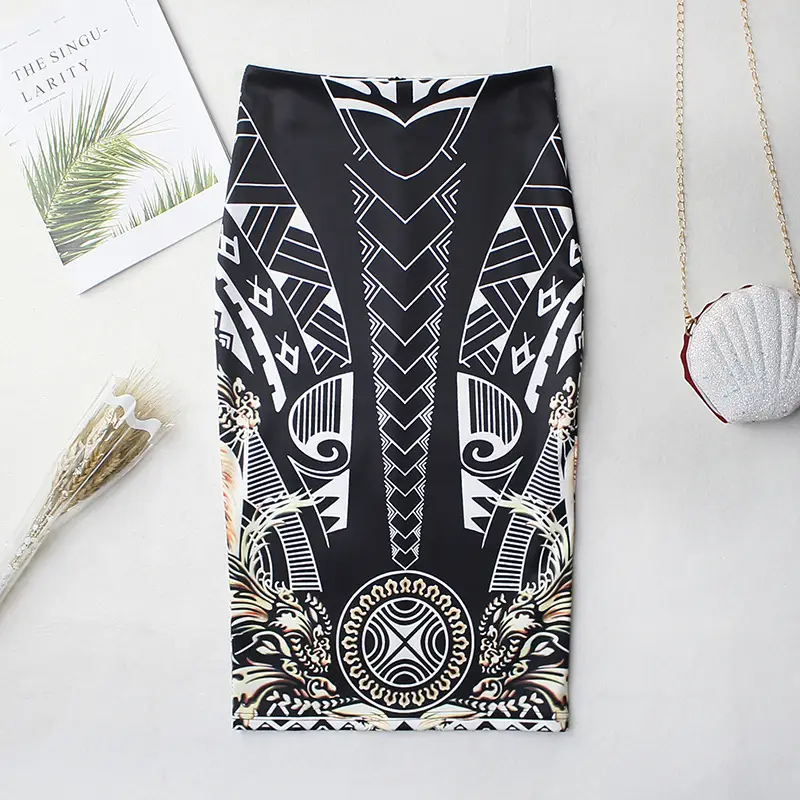 Black Gold Printed Pencil Skirt for Women - Image 15