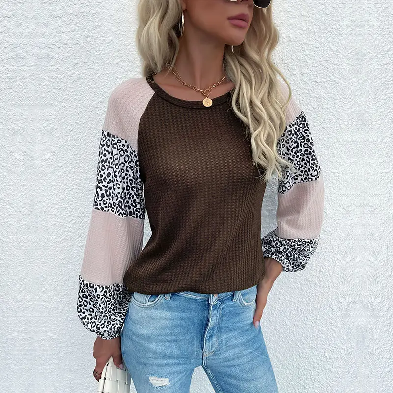 Women Leopard Print Crossbody Top with Patchwork Knit Sleeves