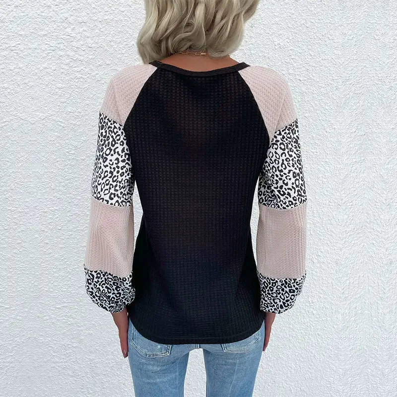 Women Leopard Print Crossbody Top with Patchwork Knit Sleeves
