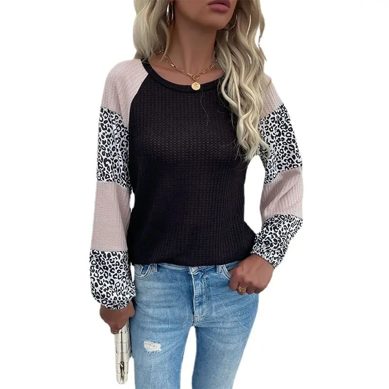 Women Leopard Print Crossbody Top with Patchwork Knit Sleeves