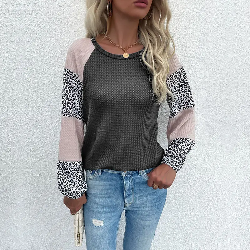 Women Leopard Print Crossbody Top with Patchwork Knit Sleeves