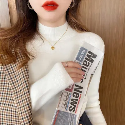 Women Knitted Half High Collar Shirt Grey 2021 - Image 10
