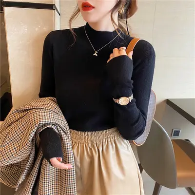 Women Knitted Half High Collar Shirt Grey 2021 - Image 3