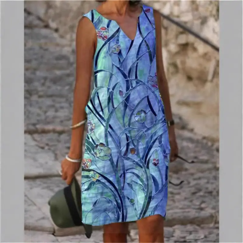 Sleeveless Floral Print Dress Blue Green Summer - Image 6