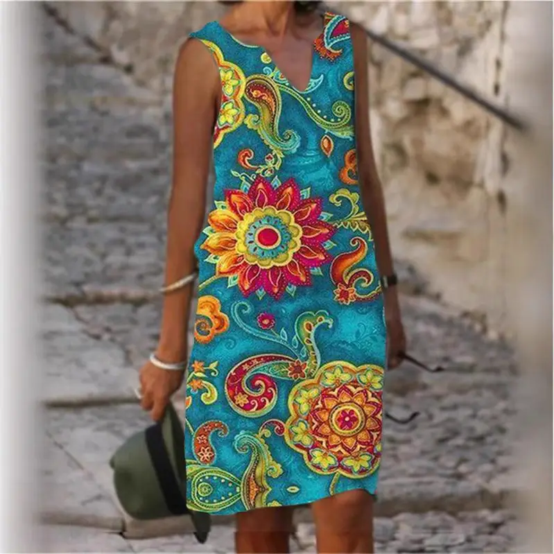 Sleeveless Floral Print Dress Blue Green Summer - Image 7