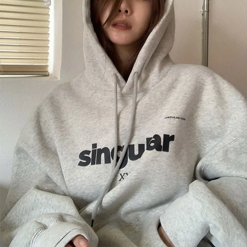 Grey Hooded Sweatshirt Women Fleece Lined Oversize 2023 - Image 3