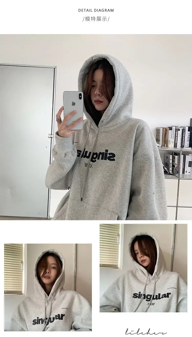 Grey Hooded Sweatshirt Women Fleece Lined Oversize 2023 — feature 7