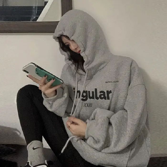 Grey Hooded Sweatshirt Women Fleece Lined Oversize 2023 - Image 2