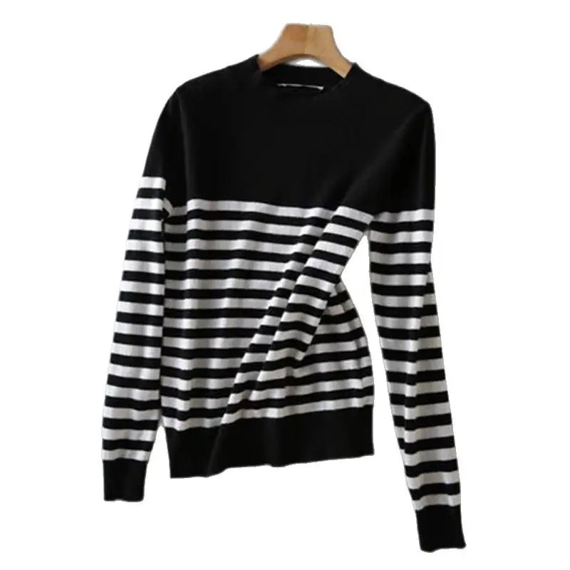 Women Stripe Sweater Black White Loose Sleeve