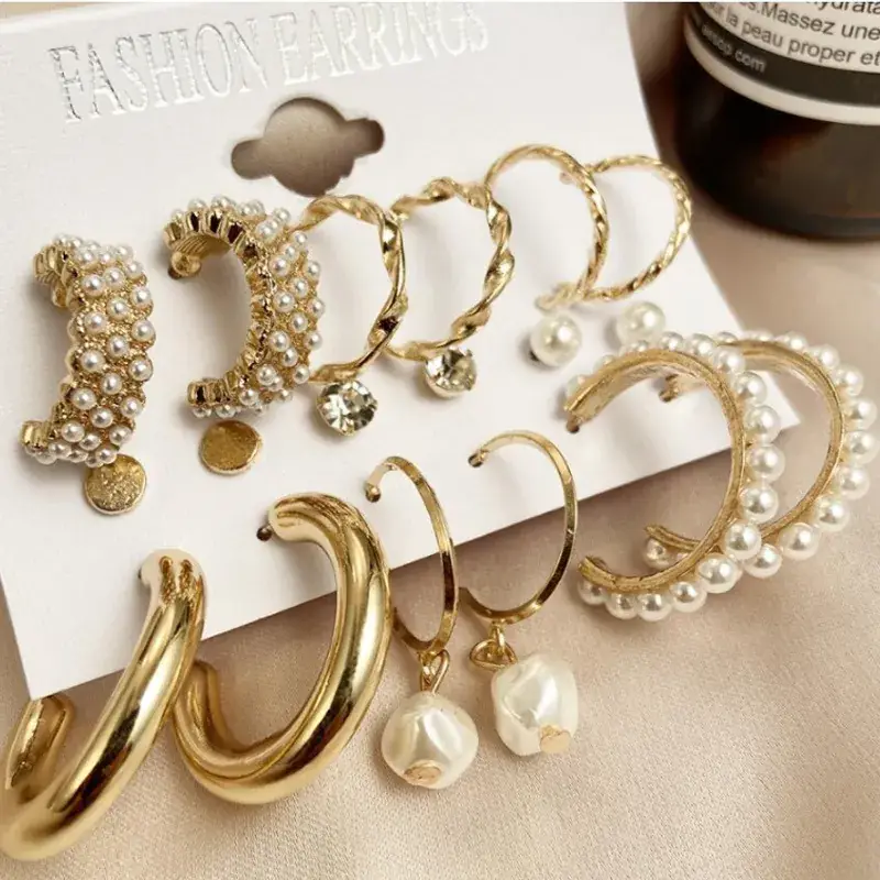 Cross Border Pearl Earrings Set 6 Pieces Gold - Image 8