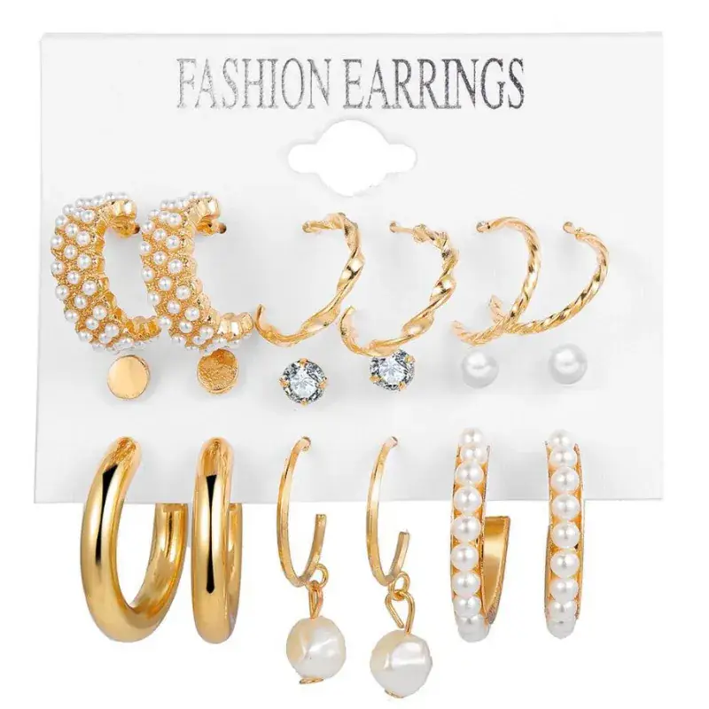 Cross Border Pearl Earrings Set 6 Pieces Gold - Image 9