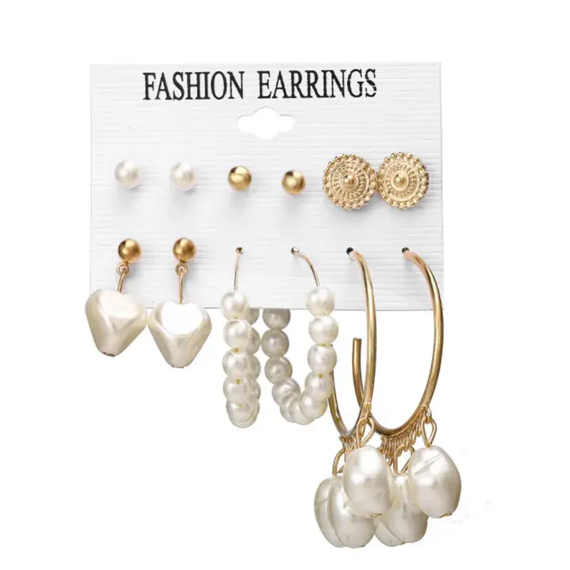 Cross Border Pearl Earrings Set 6 Pieces Gold - Image 10