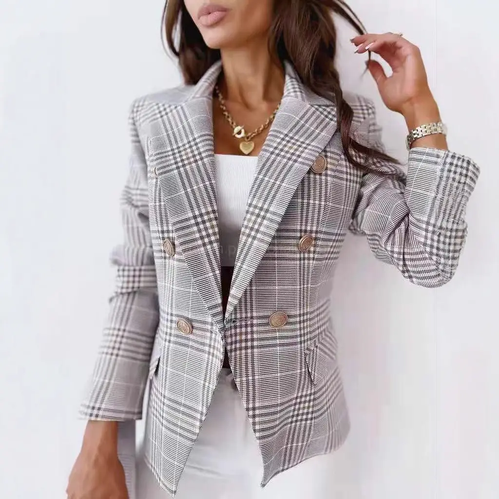 2021 Printed Plaid Small Suit Jacket Gray - Image 5