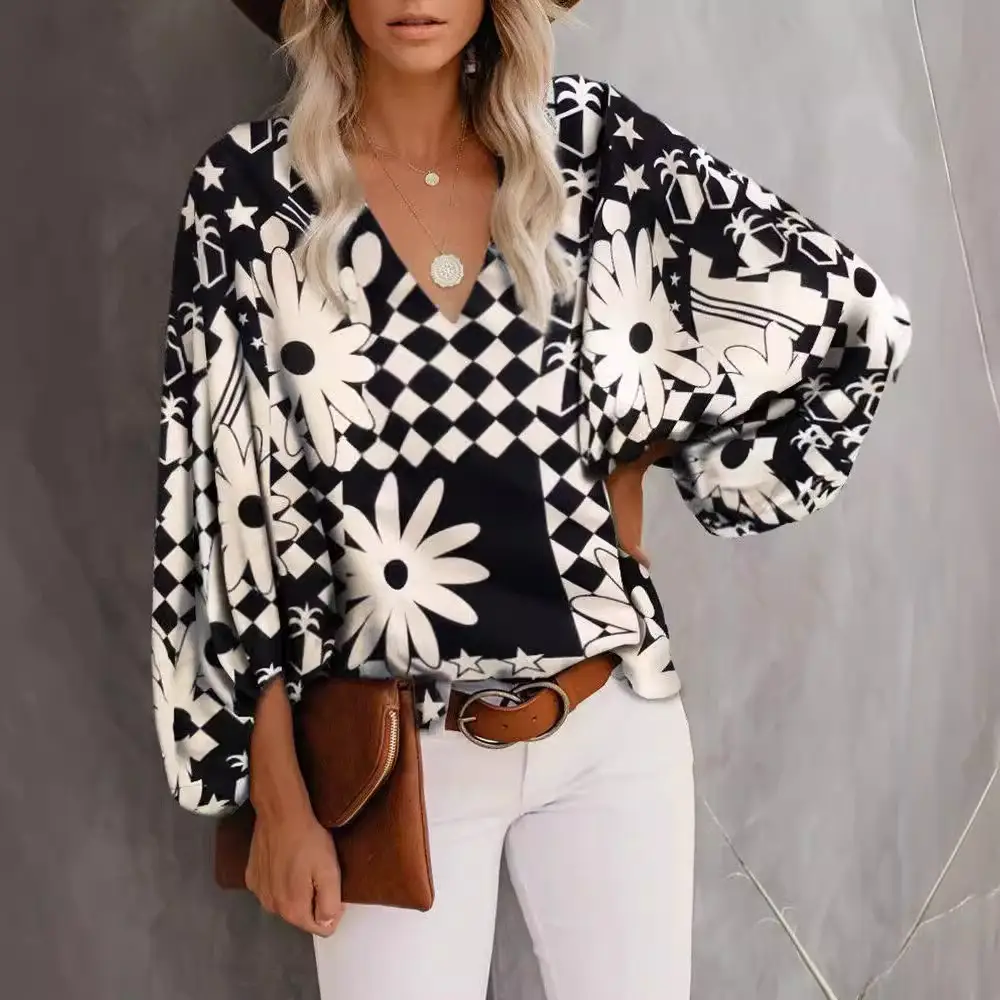 2025 Summer Printed V-Neck Lantern Sleeve Top - Image 17